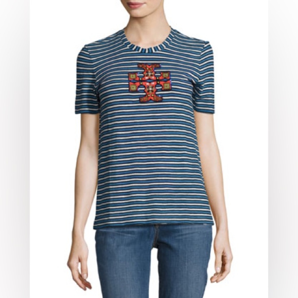 Tory Burch Luna Striped Cotton Logo T-Shirt
